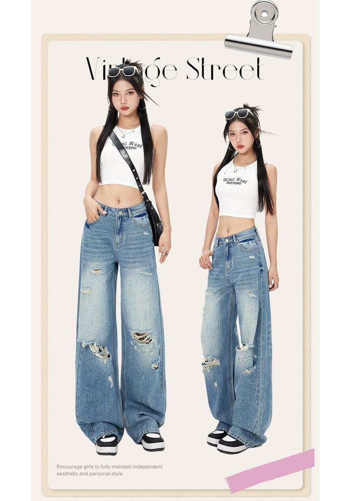 American Ripped Jeans Women's Spring and Summer Retro Destruction Loose Washed Straight Wide-leg Pants Mopping Long Pants