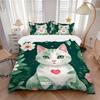 3pcs White Cat with Green Stripes Pattern Bedding Set, 1* Cover + 2*Pillowcases, Printed Bedding Set, Soft and Comfortable, Suitable for Bed