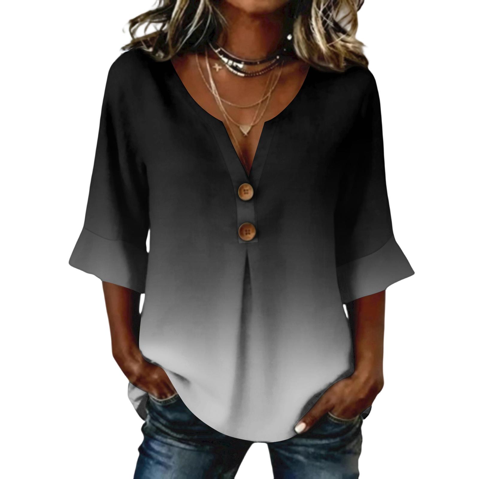 Ladies  gradient printed button casual V-neck fashionable seven quarter sleeve top L чёрный
