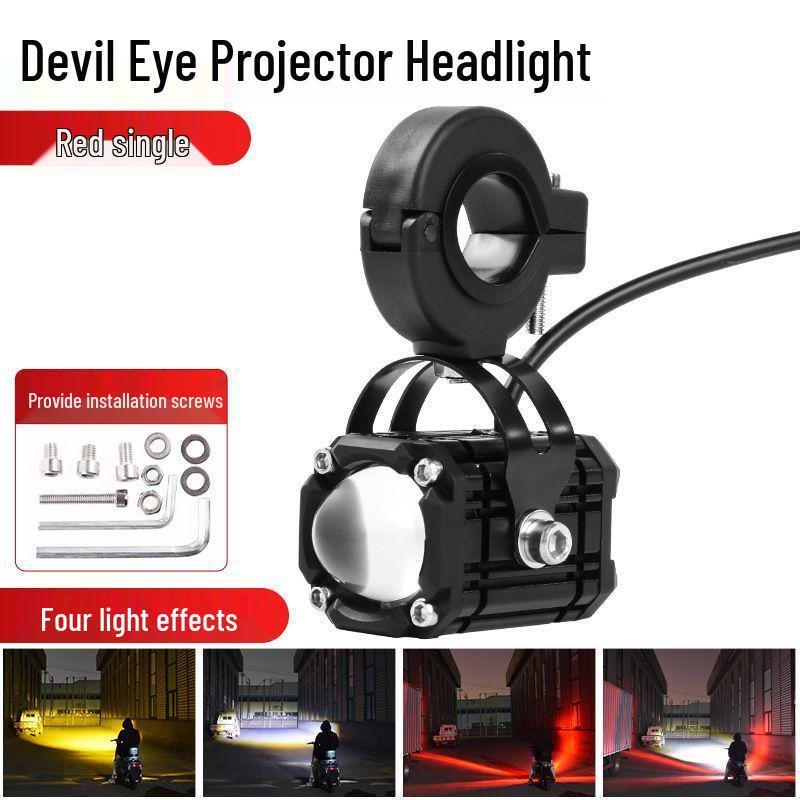 High-Intensity LED Motorcycle Spotlight with Four-Color Devil Eye and Strobe for Electric Vehicles - Adjustable High/Low Beam
