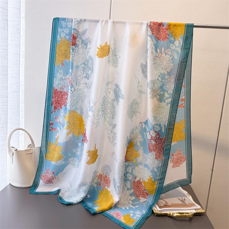 

Thin printed imitation silk brocade sunscreen elegant rhyme chrysanthemum silk scarf long scarf shawl versatile headscarf scarf 180*80cm
