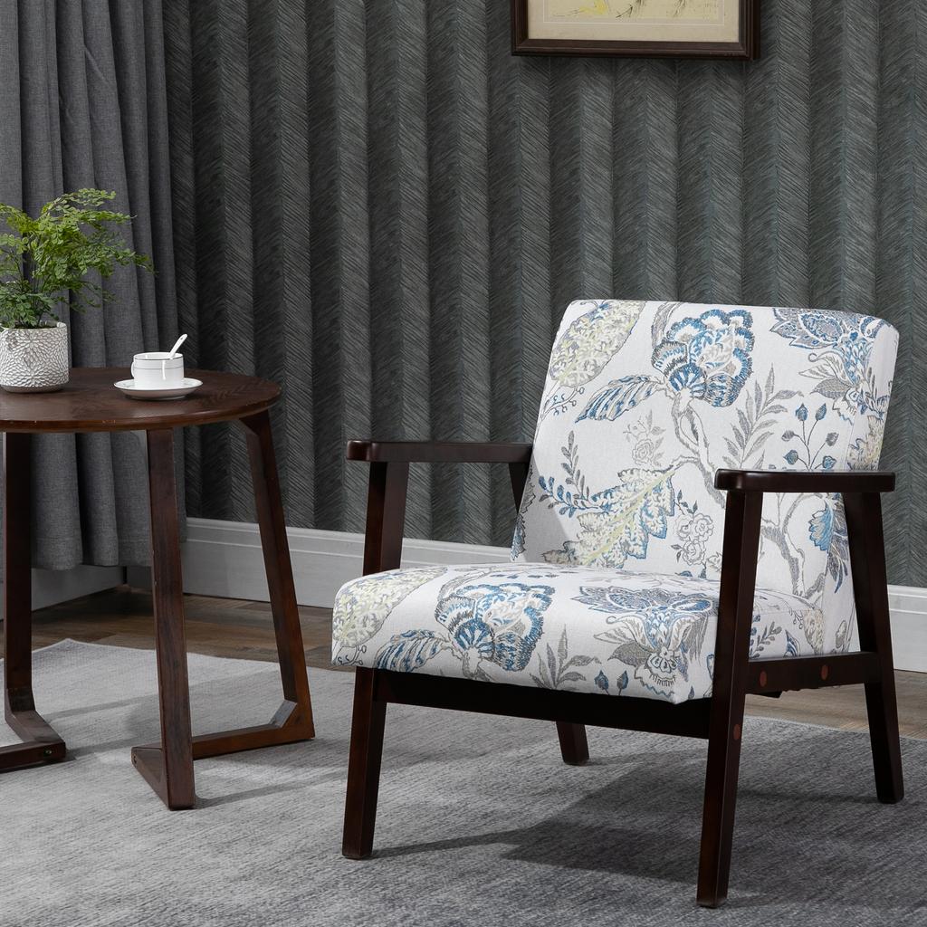 Wohnzimmerstuhl Polsterter Sessel mit Armlehnen aus Holz und atmungsaktivem Stoff für Zuhause und Büro, Floral, 68,5x78,5x75cm
