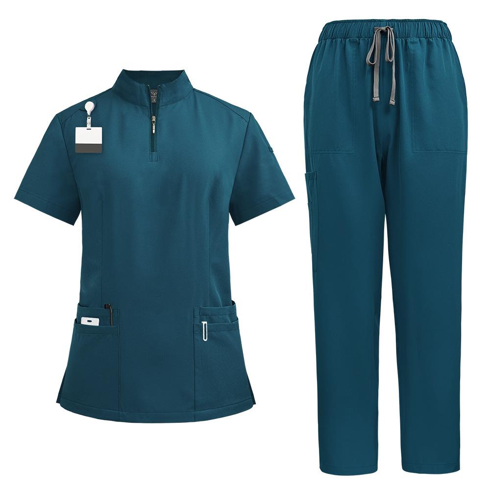 Stand-up Collar Zipper Doctor and Nurse Work Uniform Surgical Gown Straight Pants Solid Color Suit