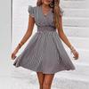 Women Summer Ruffles Fly Sleeve V Neck Striped Printed One Piece Dress