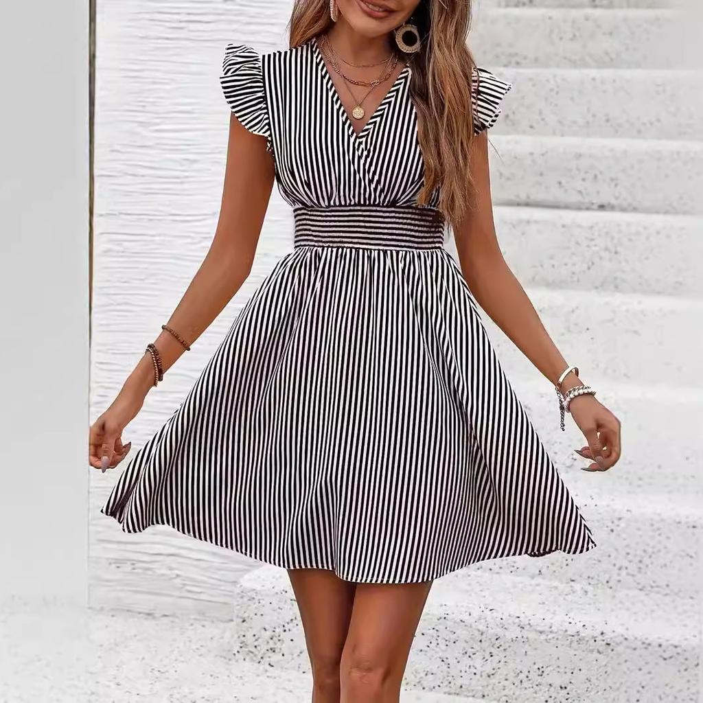 Women Summer Ruffles Fly Sleeve V Neck Striped Printed One Piece Dress