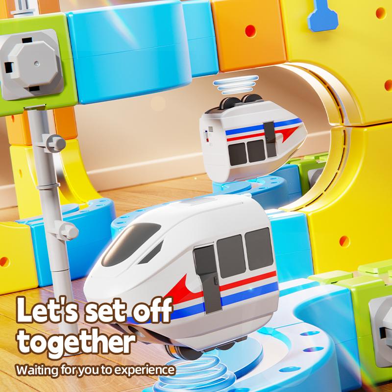 Kids Diy Assembly Magnetic Rail Car Toys Electric Magic Train Track Kids 3D Construction Block Cube Model Plaything With Traffic Signs