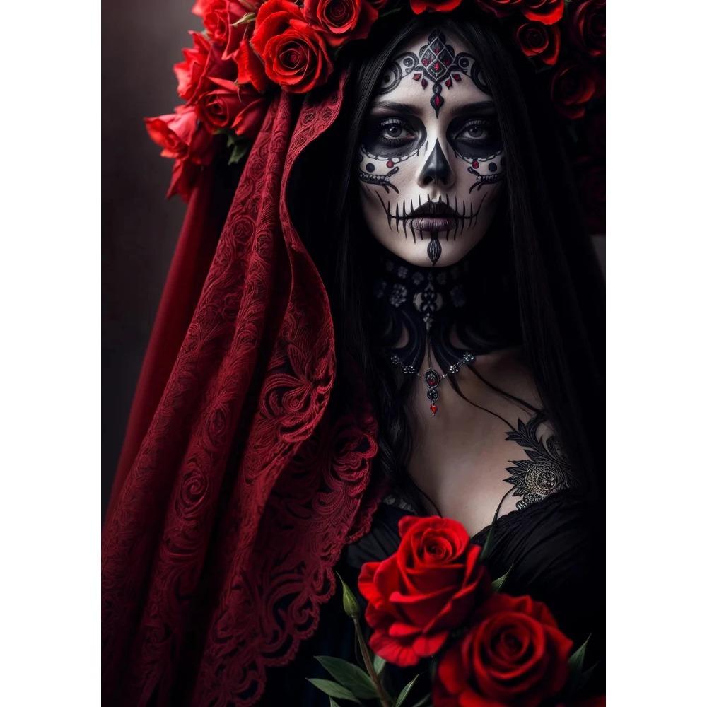 Terrifying Los Muertos Sugarskull Girl with Flowers Posters Day of the Dead Prints Canvas Printing Wall Pictures Home Room Decor