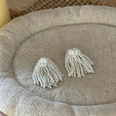 French Elegant Pearl Silver Tassel Stud Earrings - Versatile and Chic Accessories for Women