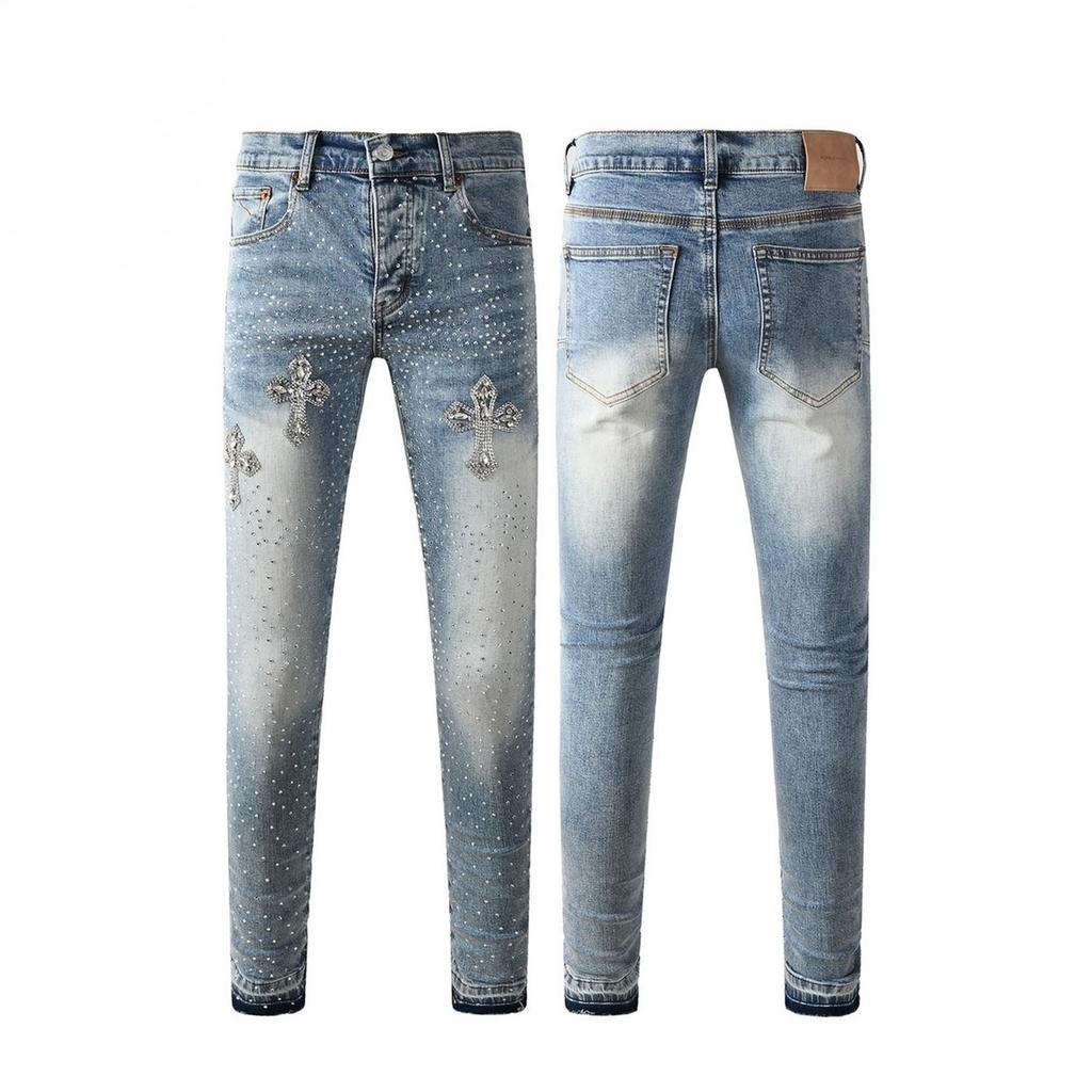GLYDE High Street Jeans Fashion Trends Wash Distressed Light Indigo Transparent Rhinestones Stretch Skinny Button Ripped Jeans