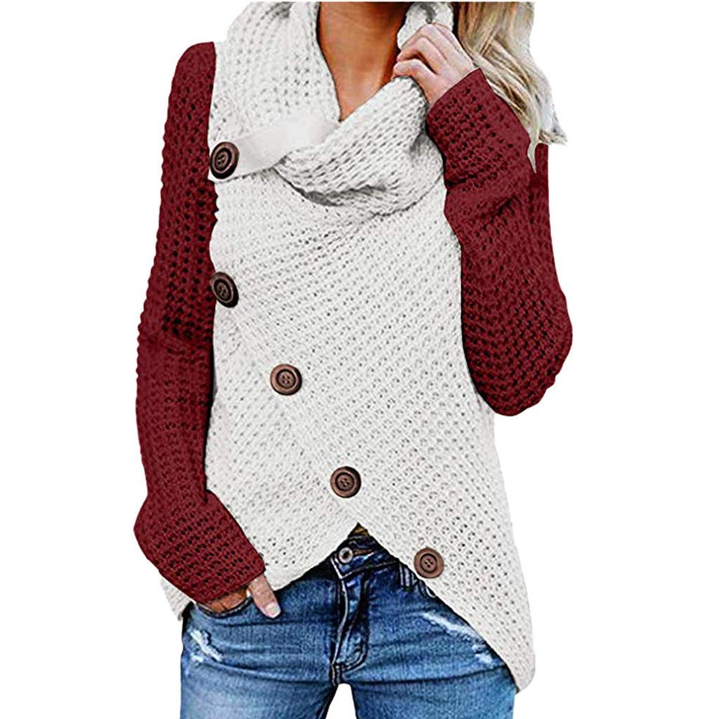 Women Winter Patchwork Knitted Buttons Long Sleeve Regular Blouse Sweatshirt