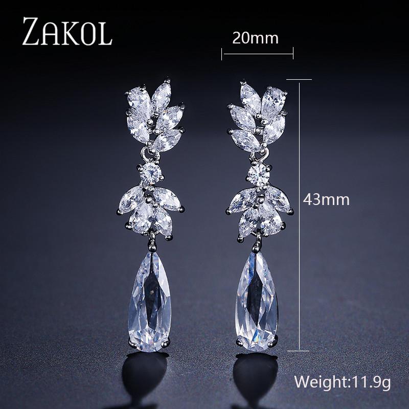 ZAKOL White Zircon Leaf Dangle Earrings for Women Shinny Water Drop Crystal Flower Pendant Earring Bridal Wedding Jewelry