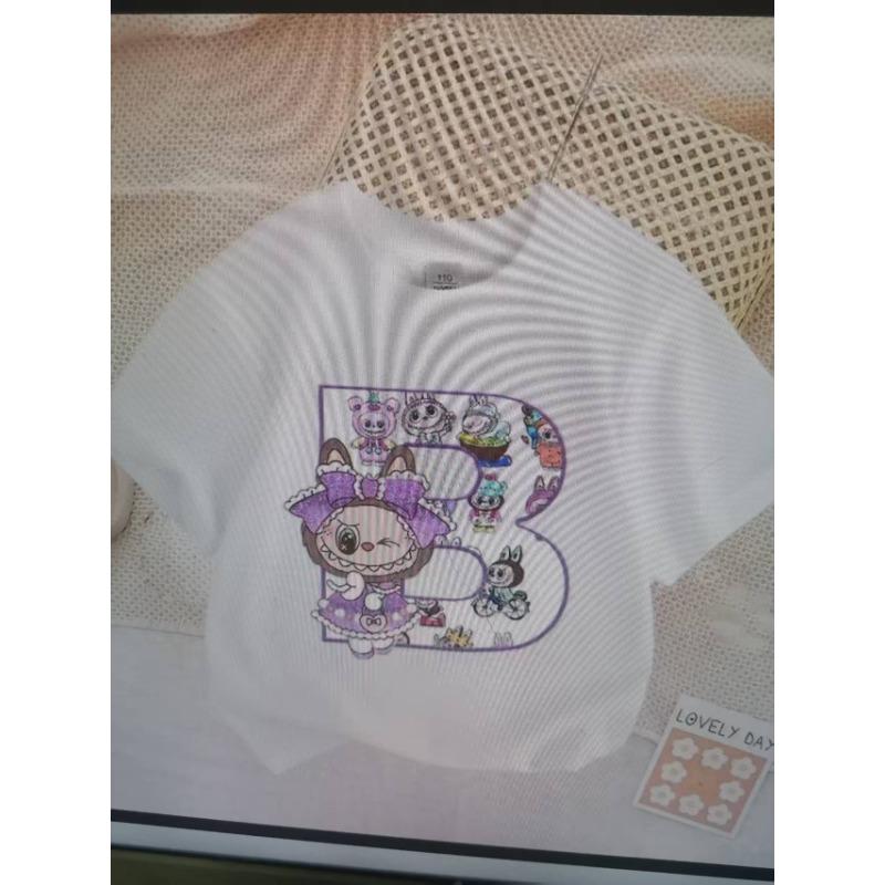 Cute Labubued Letter Printed T-shirt Cotton Summer Outdoor Wear Short Sleeve Girls Clothes Top Cartoon Children Clothing Toddler