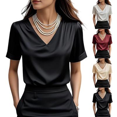 Women Stain Tops Short Sleeve Blouse V Neck Shirts Business Casual Outfits