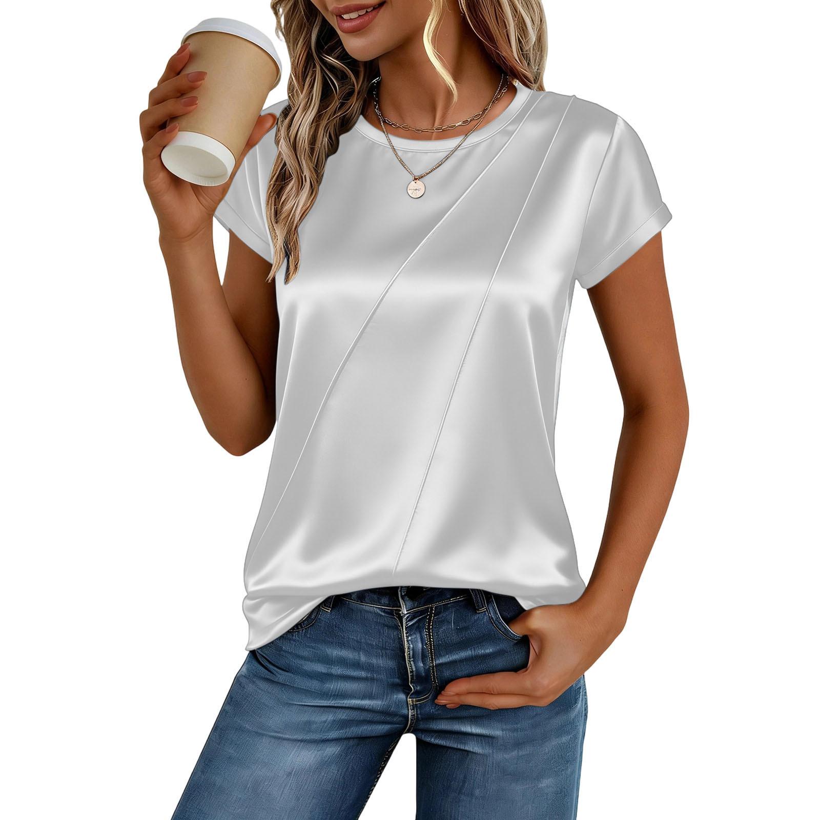 

Women s Fashionable Casual Satin Creased Round-Neck Short-Sleeve Loose-Fit T-Shirt XL білий