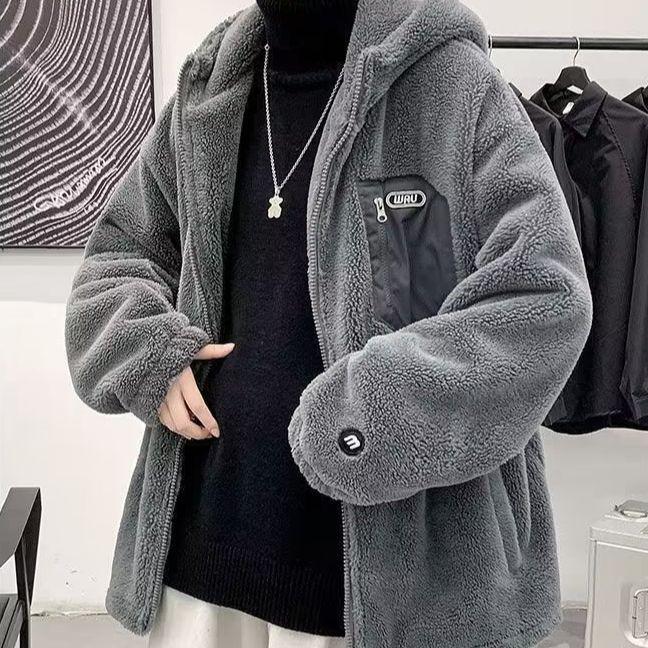 Unisex Trendy Hooded Lambskin Jacket with Plus Velvet for Autumn/Winter - Casual Warmth for Couples