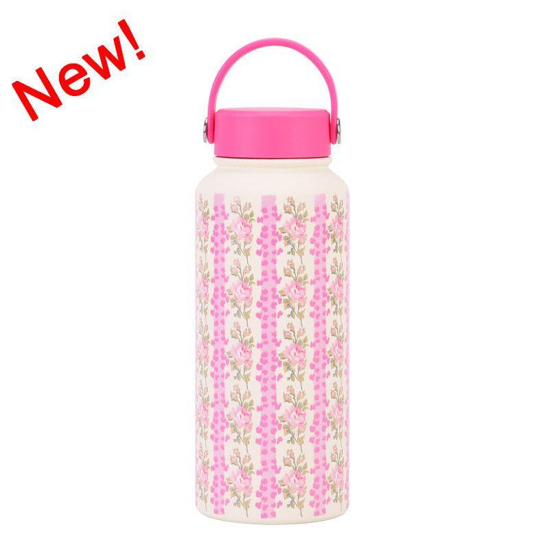 2025 New Model 1L Large Capacity Thermos Cup with Wide Mouth, Portable Handle, Sports Water Bottle, Outdoor Printed Water Cup for Women