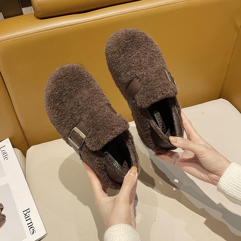 

Warm autumn and winter Mao Mao shoes feel soft soles, one pedal Mao Mao slippers Loafu Doudou shoes are versatile for women 40 коричневий