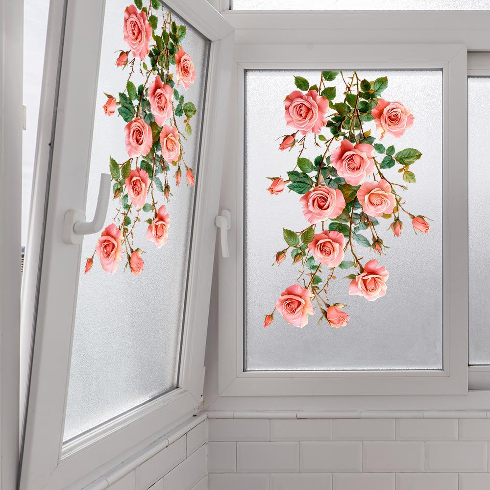 Watercolor Romantic Rose Balcony Glass Window Home Beautification and Decoration Static Window Stickers