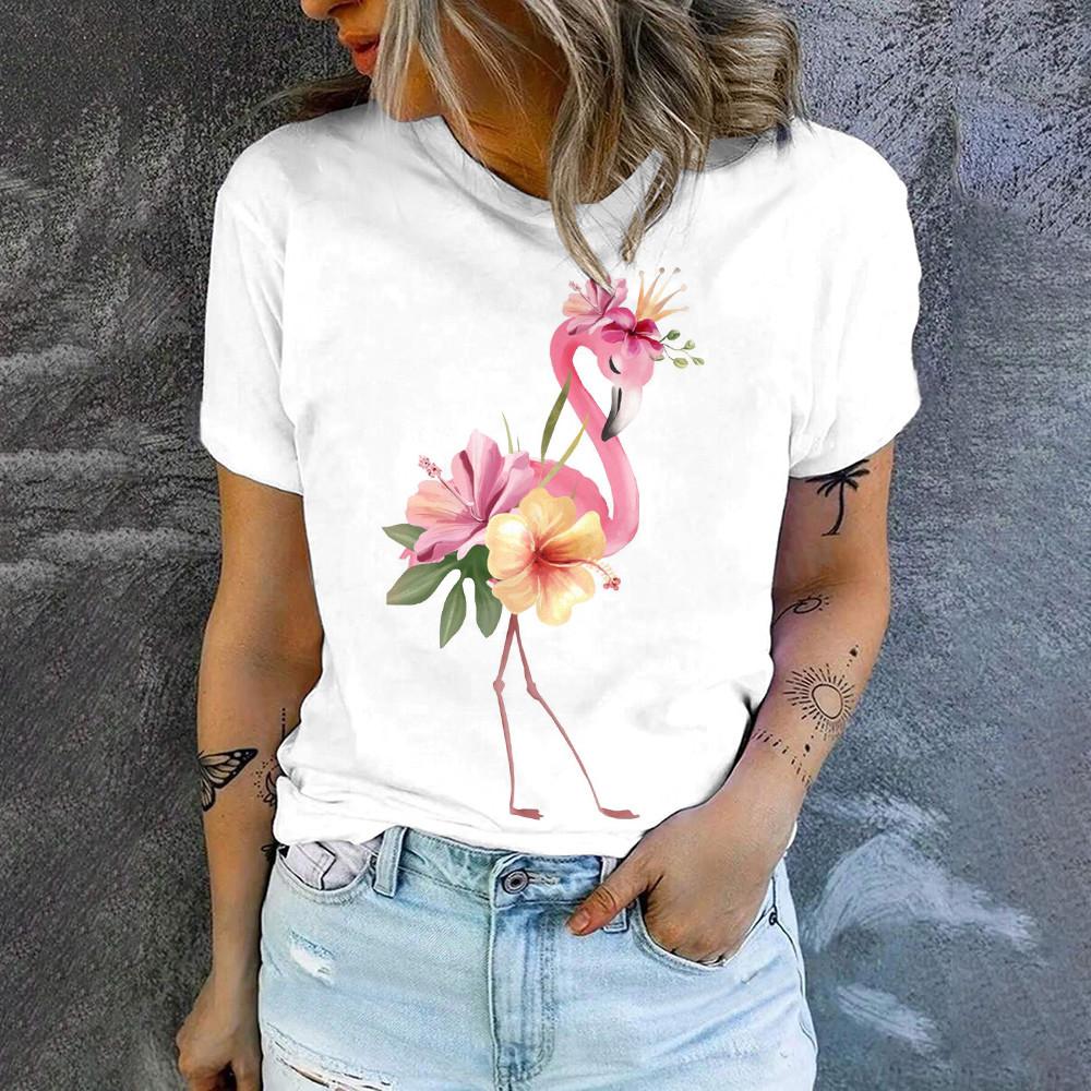 

Високоякісна модна футболка з принтом фламінго Літня дихаюча вільна повсякденна жіноча футболка Вулична мода Нова футболка з круглим вирізом L