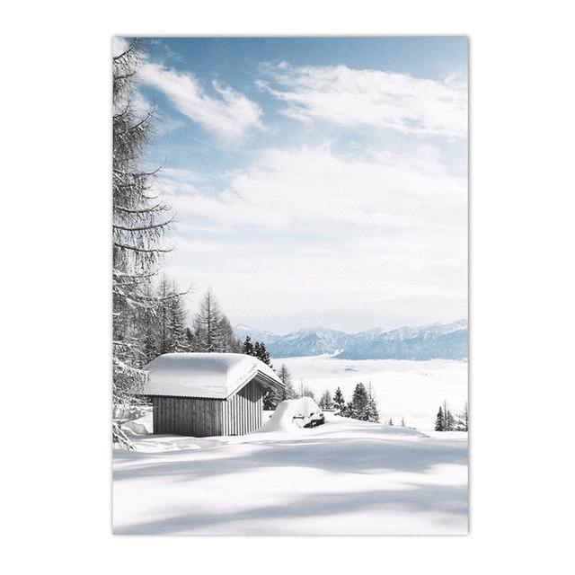 Winter Lake Mountain Canvas Painting Snow Tree Deer Wall Art Picture Print Natural Landscape Nordic Poster Room Home Decor Gifts