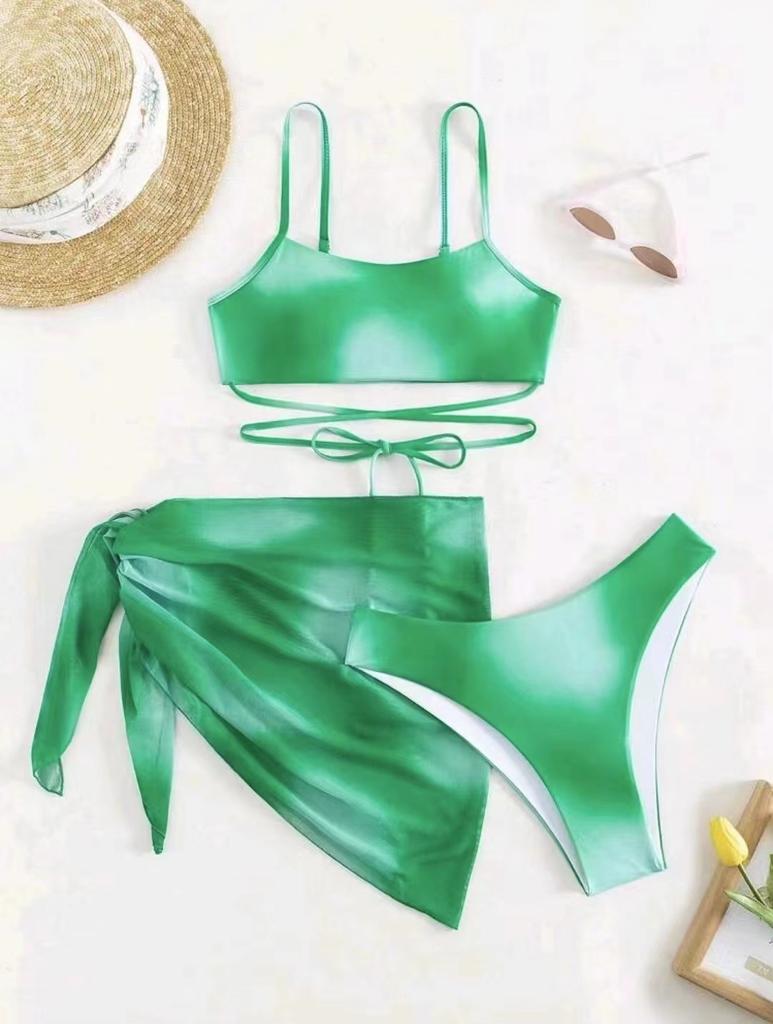New smudge solid color split swimsuit strap three-piece bikini European and American sexy suspender halter strap