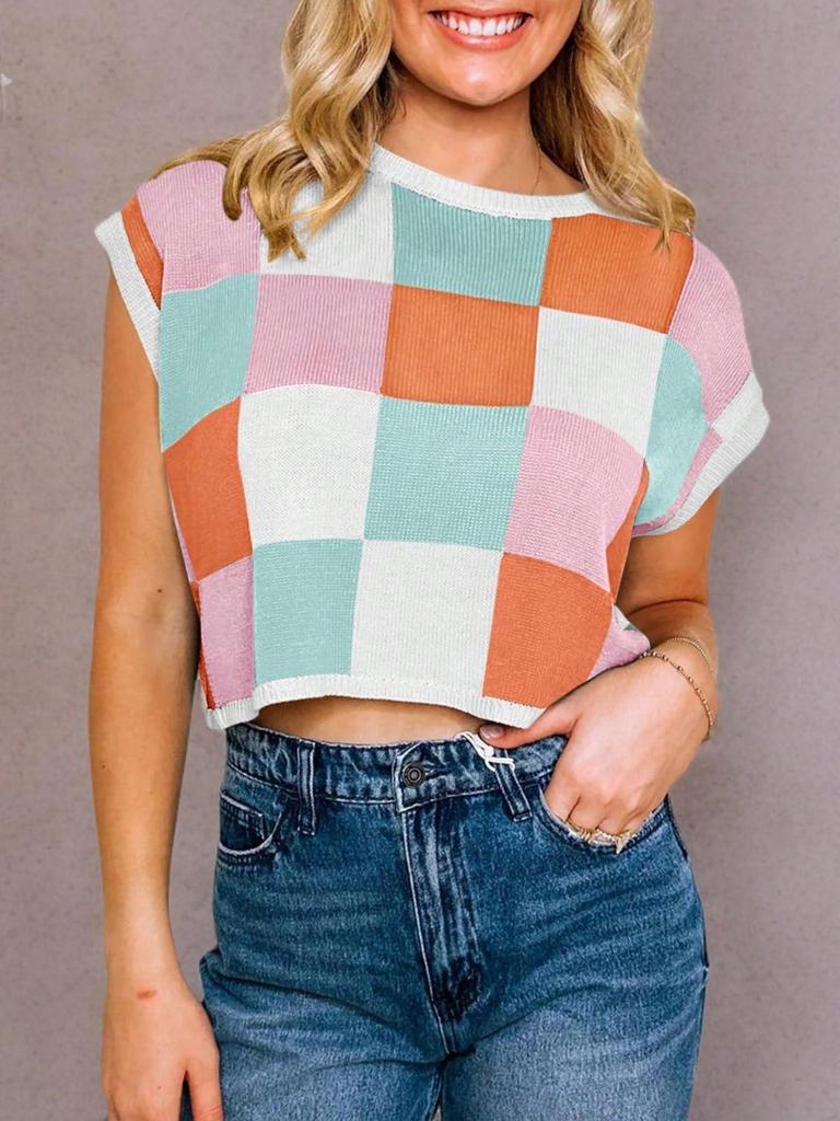 Women's Color Block Cropped Knit Top Cap Sleeve Crew Neck Summer Short Sweater