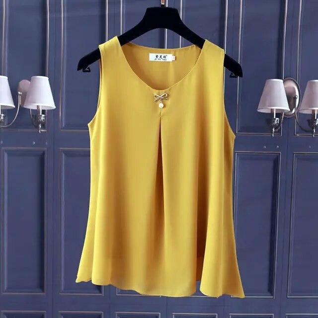 Women Chiffon Shirt Summer Sleeveless O-neck Blouse Casual Solid White/Red Loose Oversized Female Tops