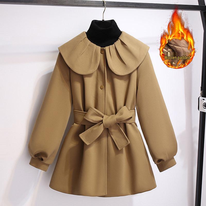 Women's French-Style Doll Collar Windbreaker: Waist-Cinched Wool Padded Coat for Late Autumn & Early Winter 2026.