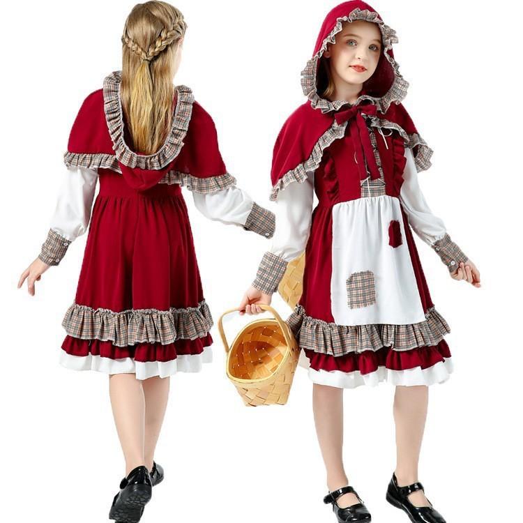 Set Costume Fiaba Cappuccetto Rosso Per Bambine e Adulti in Tessuto di Poliestere Per Cosplay e Feste a Tema