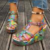 High Heel Sandals Women's New Cross-border Foreign Trade Large Size Wedge Embroidered One Line Buckle Peep Toe Platform Women