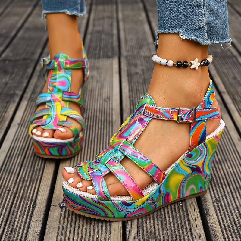 High Heel Sandals Women's New Cross-border Foreign Trade Large Size Wedge Embroidered One Line Buckle Peep Toe Platform Women