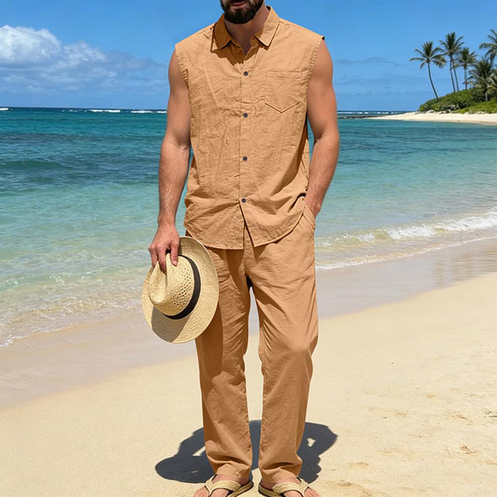 Men's Cotton-Linen Casual Hoodie Vest And Pants Set