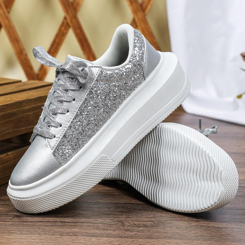 Damen Plateauschuhe Mode Pailletten klobige Schuhe PU-Leder Freizeit-Sneaker runde Zehenpartie Laufschuhe Tägliche vielseitige Schuhe