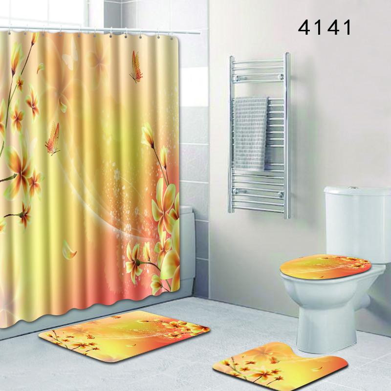 Dream Flower Bathroom Shower Curtain Floor Mat Toilet Cover Foot Mat Four-Piece Set