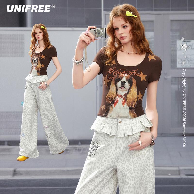 UNIFREE Women s Star Dog Print U-Neck T-Shirt L
