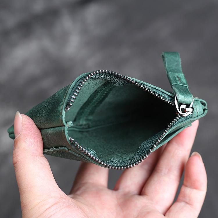 Portofel Mic Vintage din Piele Handmade Unisex Suport Carduri cu Fermoar Mini Geantă de Depozitare Compactă pentru Călătorii pentru Uz Zilnic Portofel Mic pentru Bărbați