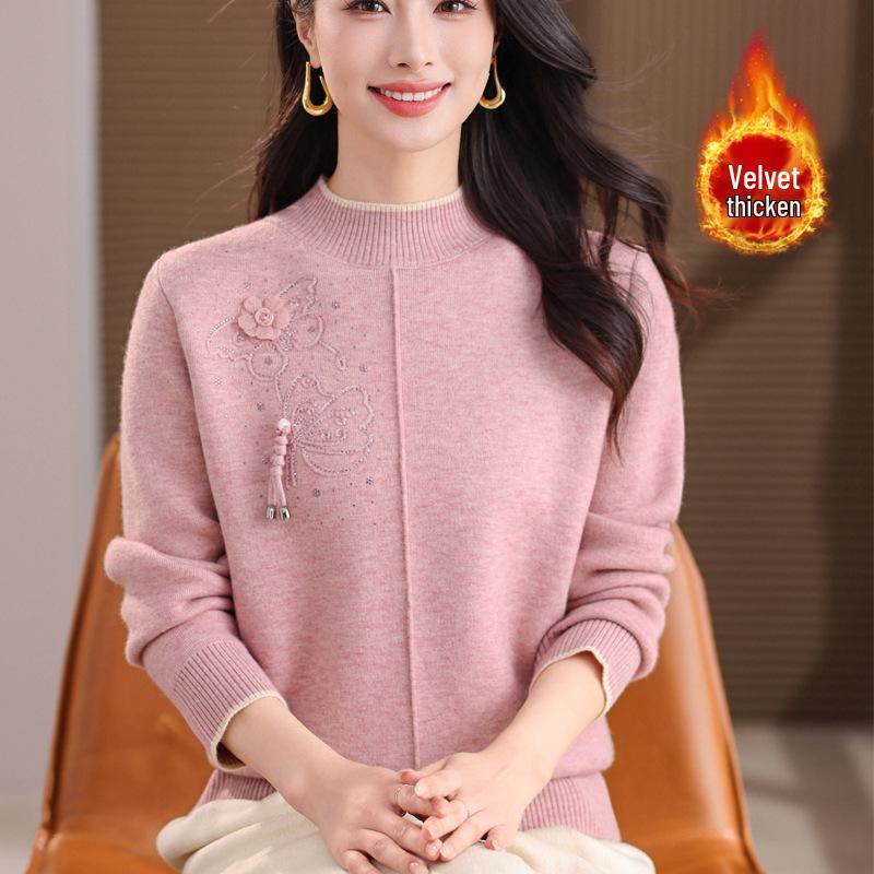 

Mom s Winter Velvet Warm Sweater for Elderly Women - Thick, Half-High Collar Knit Base Layer 3XL (135-145 jin)
