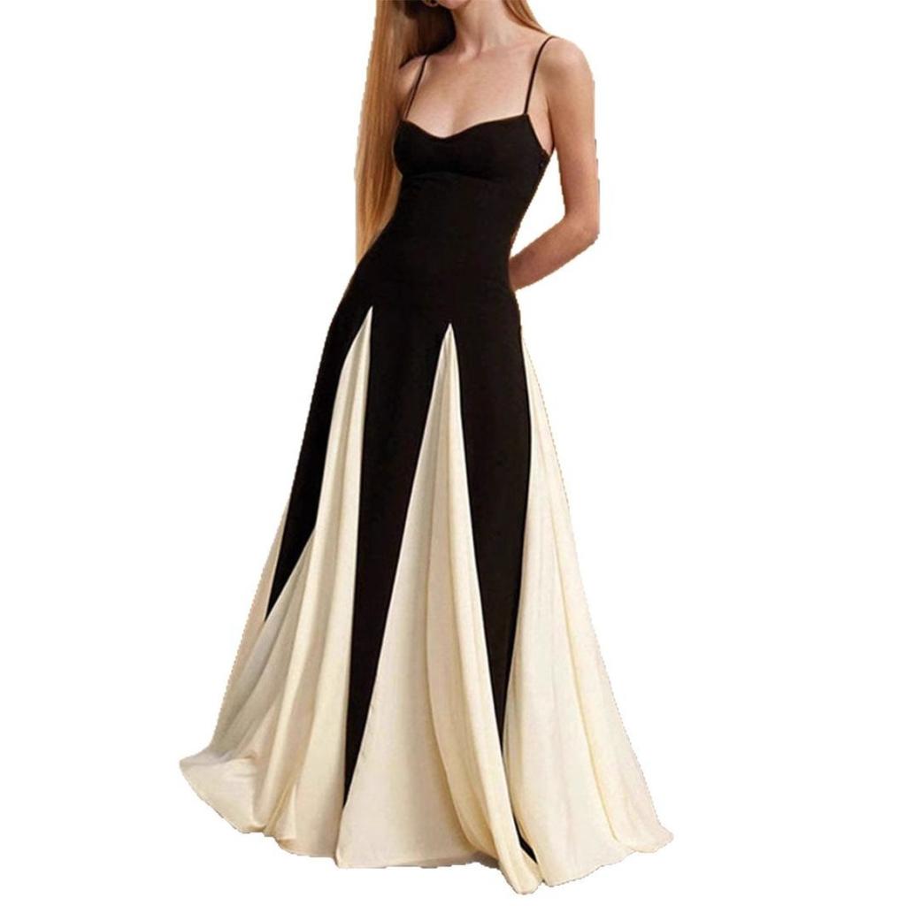 Neues französisches Colorblock Bodycon Spaghettiträgerkleid, Hoher Hals Taillenraffer Fließendes Maxikleid, Elegantes Party-Damenkleid