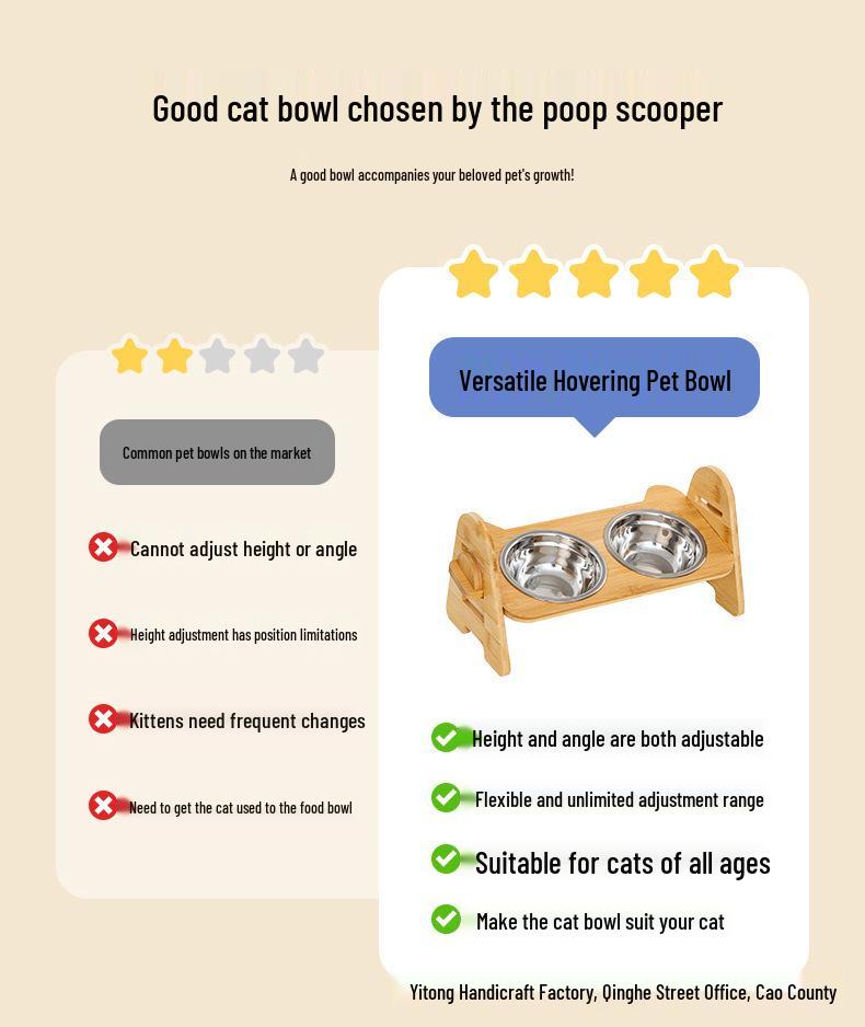 Adjustable Bamboo Cat & Dog Bowl Stand with Double Bowls and Pet Neck Protection