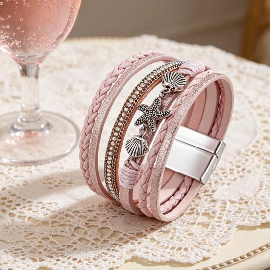 Damen geflochtenes Armband mehrlagig böhmisch Kunstlederseil Seestern Muschel Dekor Sicheres Verschluss Armband Handgelenk Accessoire
