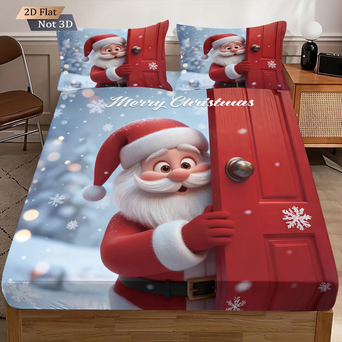 

3Pcs Cartoon Santa Claus Printed Chipless Bed Sheet Set, Multi Size Soft Bed Cover, Bedroom Bedding Decoration 90x191cm