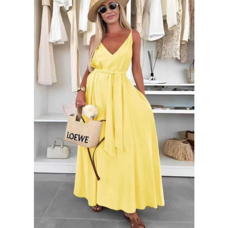 DAFIFY Women's Fashion Summer Spring Solid Color Print Sleeveless V-Neck Loose Waistline Casual Dresses