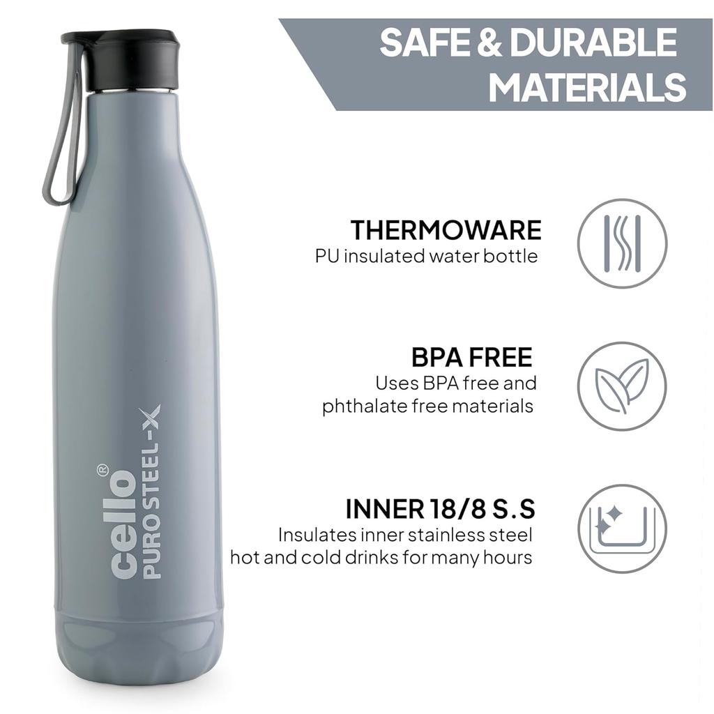 Insulated Steel Water Bottle For Travel Gym Office Use | Leakproof Cold Drink Flask With BPA-Free Safe Lid | Sleek Grey Design With 720ml Capacity