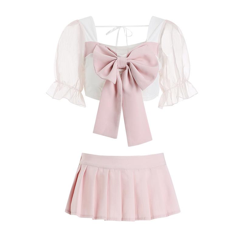 Backless Japanese Women Schoolgirl Uniform Lace Bow Perspective Sleeve Cosplay Costumes Sexy Tempatation Pleated Skirt New