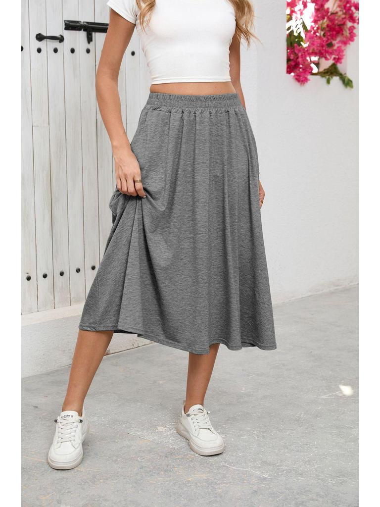 European High-Waisted Casual Midi Skirt - A-Line, Loose Fit, Draped Hem