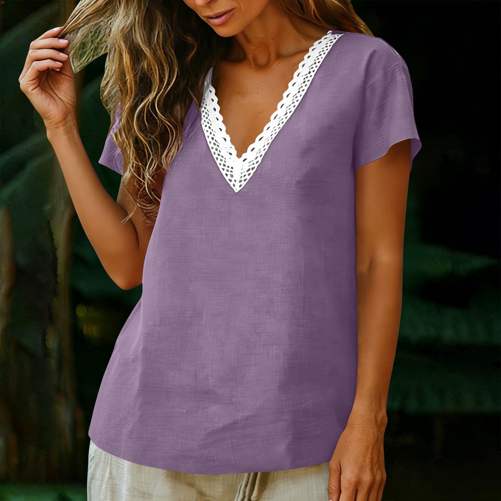 

Womens Tops V Neck Lace Trim Short Sleeve Summer Tops for Women Casual Loose Fit Women s Tops Tees & Blouses for Daily Wear M