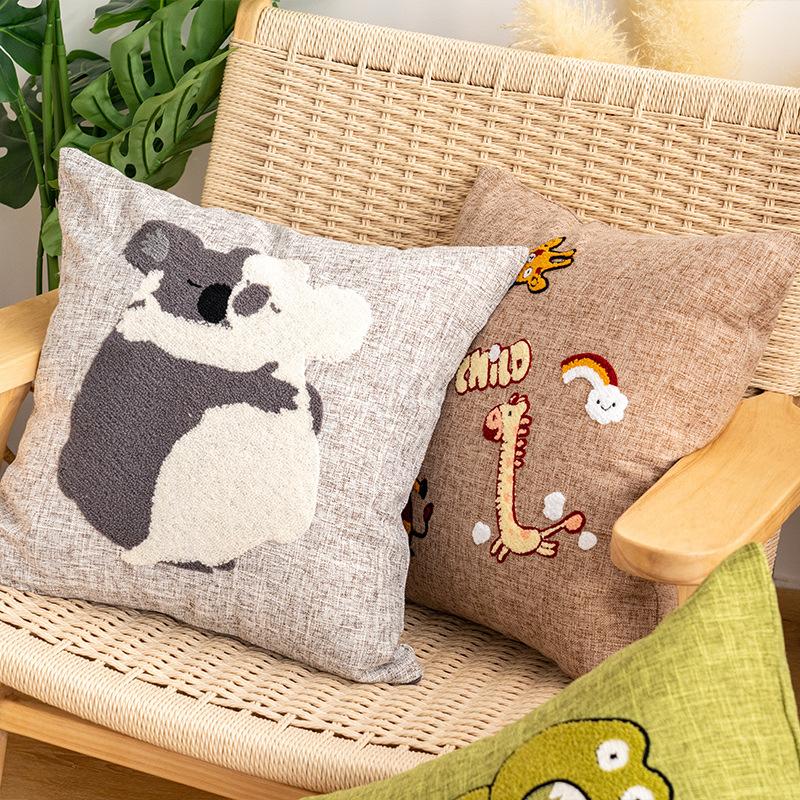 Cotton and Linen Cartoon Towel Embroidered Pillow Case Animal Pattern Children's Room Decorative Cushion Bedside Pillow