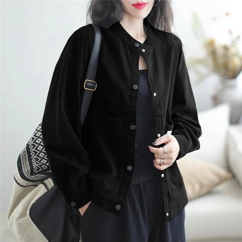 Frühling Herbst Mantel Reine Baumwolle Einfarbig Jacke für Damen Retro Locker Vielseitig Mode Große Tasche Mantel Femal