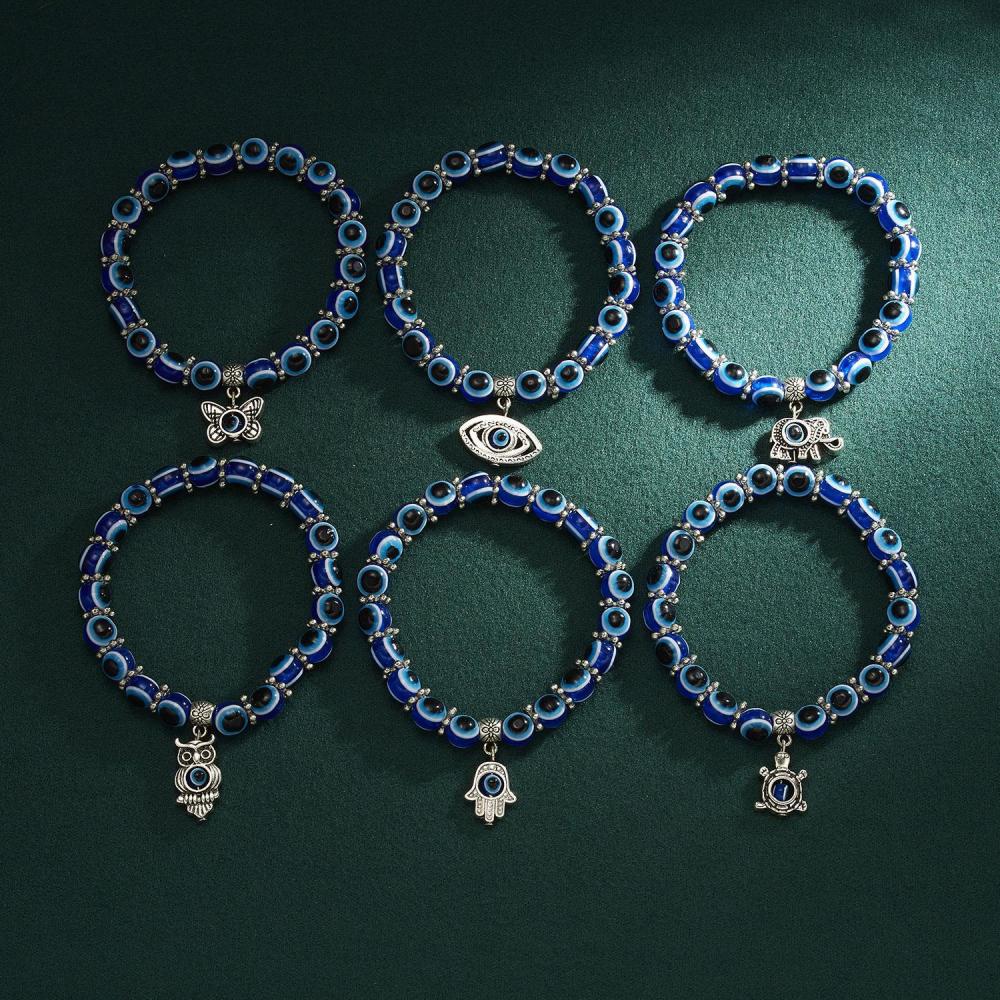 Turkish Lucky Evil Eye Bracelets for Men Women Blue Evil Eye Palm Butterfly Pendant Beads Bracelet Bangle Handmade Charm Jewelry