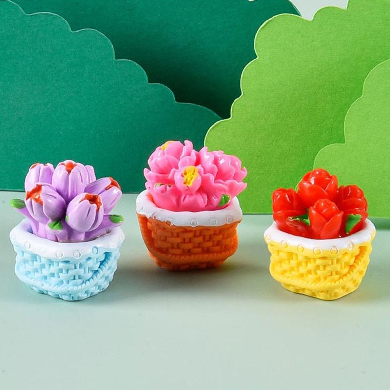 Mini Flower Basket Ornament Flowerpot Potted Plant Bonsai Micro Landscape Dollhouse Miniature Toy Car Decoration